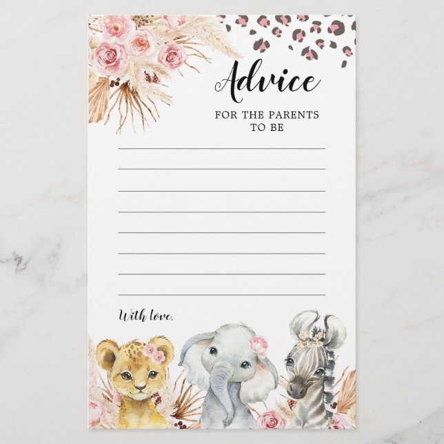 Papier Pink Boho Safari Party Animaux Conseils pour les p (Devant)