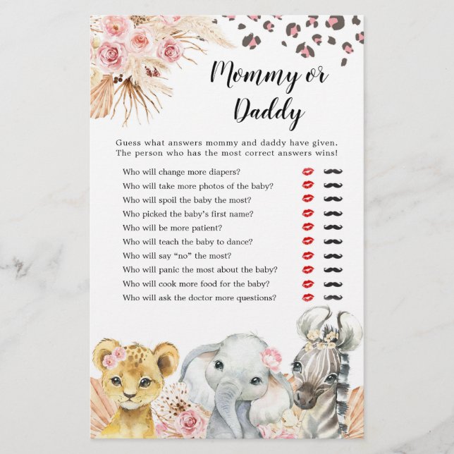 Papier Pink Boho Safari Party Animaux Fille maman ou papa (Devant)
