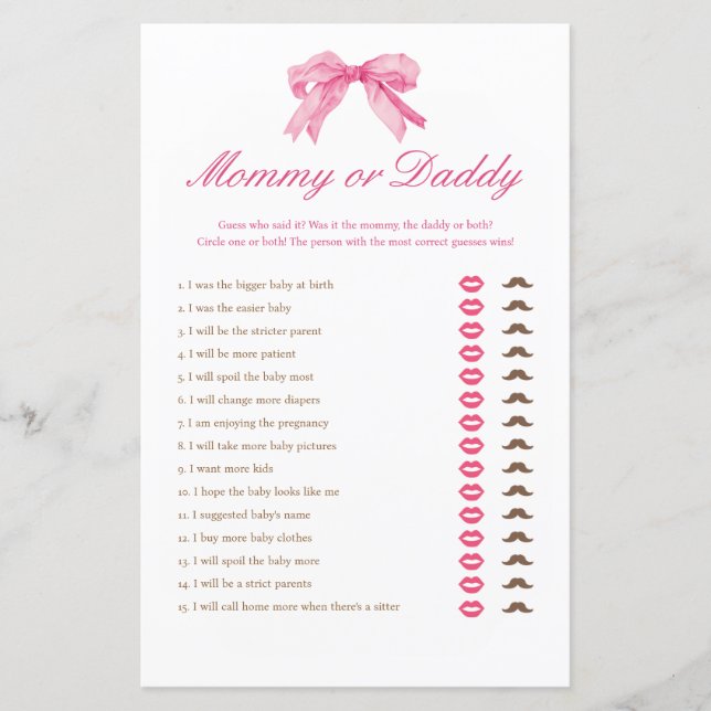 Papier Pink Bow Baby shower maman ou papa Jeu (Devant)