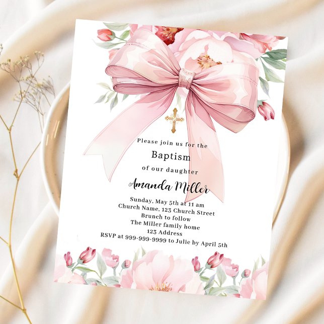 Papier Pink bow florals fille Baptême invitation (Créateur téléchargé)