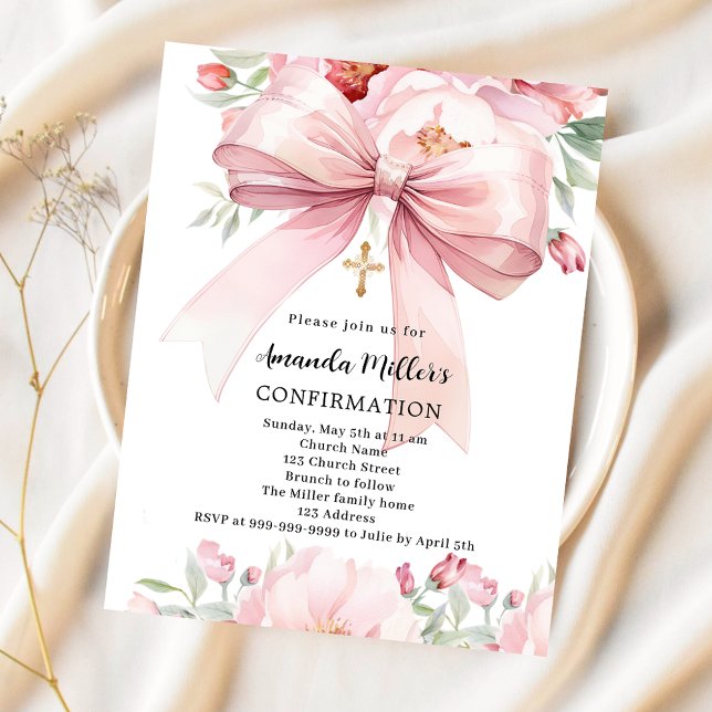 Papier Pink bow florals fille invitation de confirmation (Créateur téléchargé)