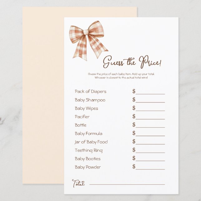Papier Pink Bow Girl Baby shower Prix Guess (Devant / Derrière)