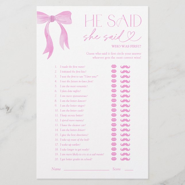 Papier Pink Bow Il Dit Qu'Elle A Dit Fête des mariées Gam (Devant)