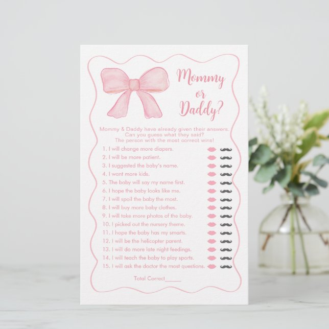 Papier Pink Bow maman ou papa Baby shower jeu (Debout devant)