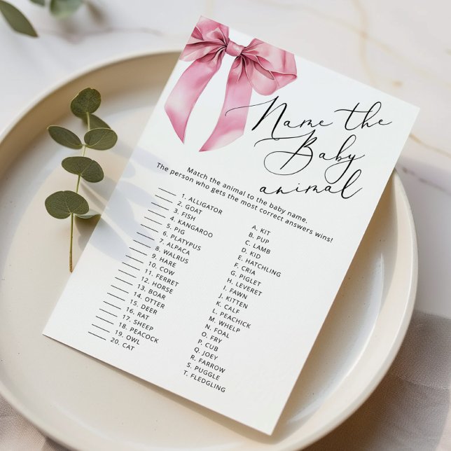 Papier Pink Bow Nom du bébé animal jeu de baby shower (Créateur téléchargé)
