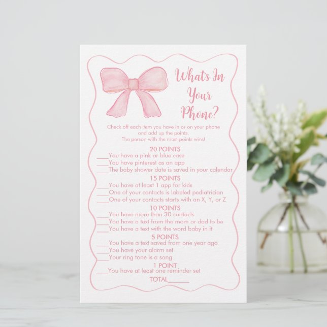 Papier Pink Bow What's In Your Phone Baby shower Jeu (Debout devant)