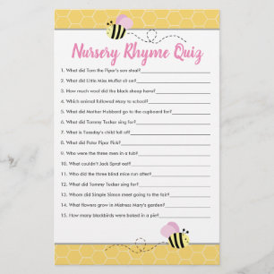 Papier Pink Bumble Bee Baby shower Nursery Rhyme Quiz