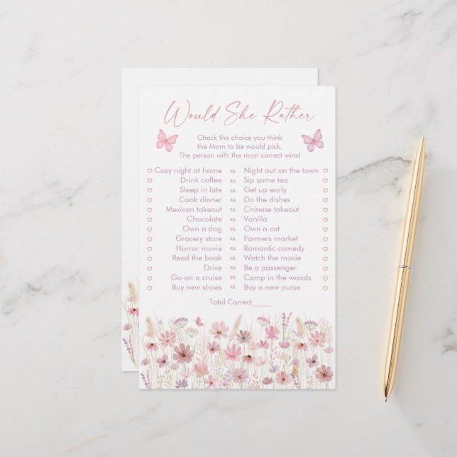 Papier Pink Butterfly Wildflowers Would She Rather Game (Devant/Arrière en situation)