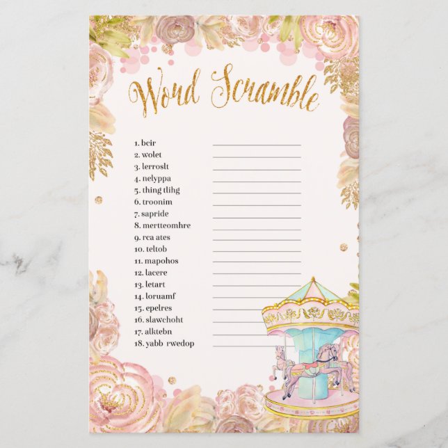 Papier Pink Carousel World Scramble Baby shower Jeu (Devant)