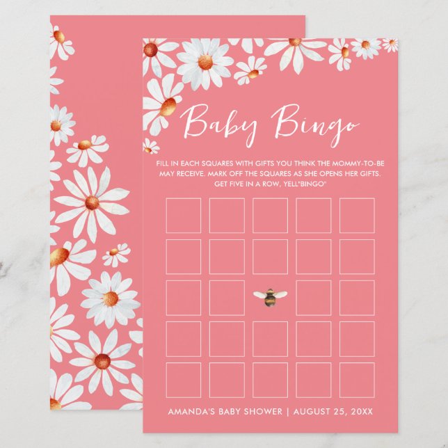 Papier Pink Daisy & Bumblebee Baby Bingo (Devant / Derrière)