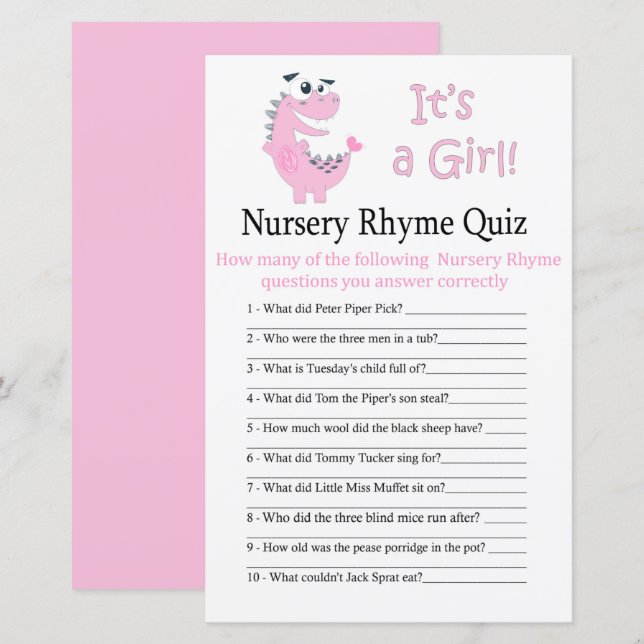 Papier Pink Dinosaur Nursery Rhyme Quiz jeu de baby showe (Devant / Derrière)