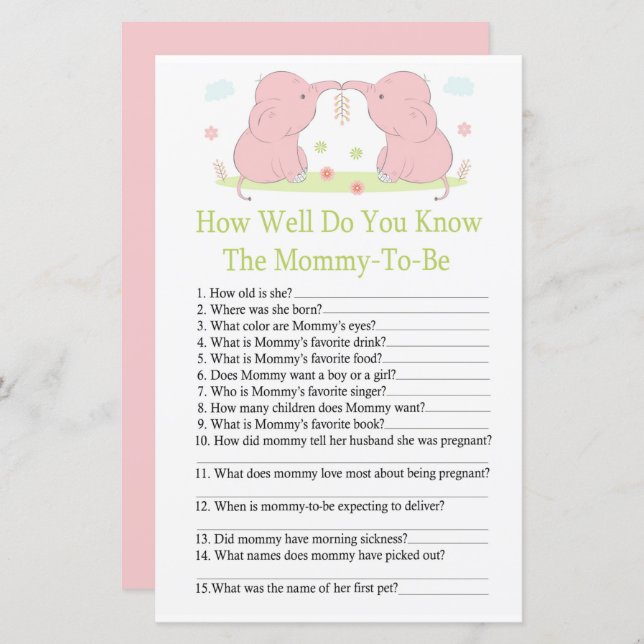 Papier Pink Elephant Comment bien connaissez-vous le bébé (Devant / Derrière)