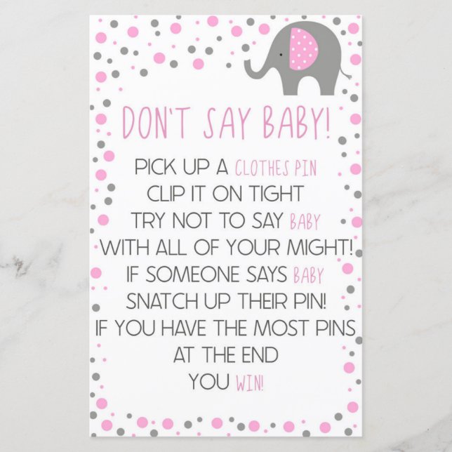 Papier Pink Elephant ne pas dire Baby shower jeu (Devant)