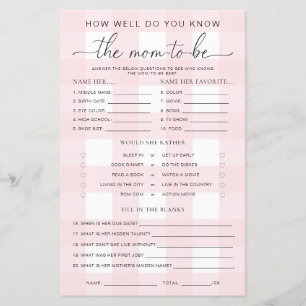 Papier Pink En vichy Baby shower Connaissez le jeu Maman-