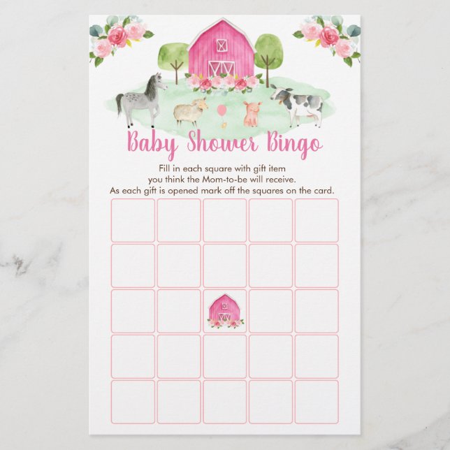 Papier Pink Farm Floral Baby shower Jeu de Bingo (Devant)