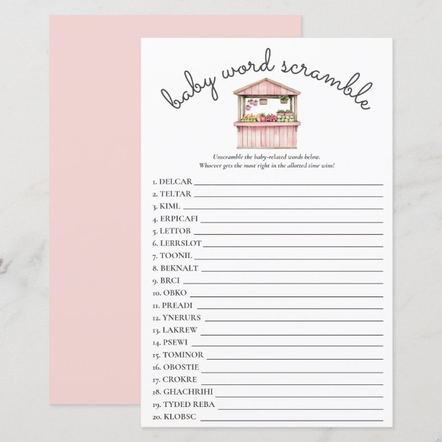 Papier Pink Farmers Marché Baby shower Word Scramble Jeu (Devant / Derrière)