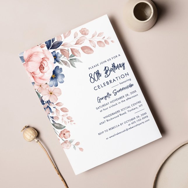 Papier Pink Floral 80th Birthday Party Script Invitation (Watercolor Pink Floral 80th Birthday Party Invitation)