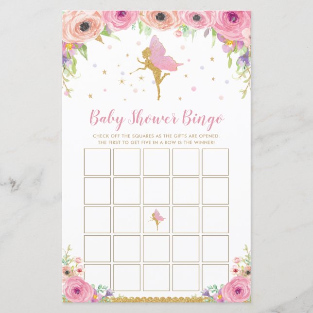 Papier Pink Floral Baby shower Fairy Jeu de Bingo (Devant)
