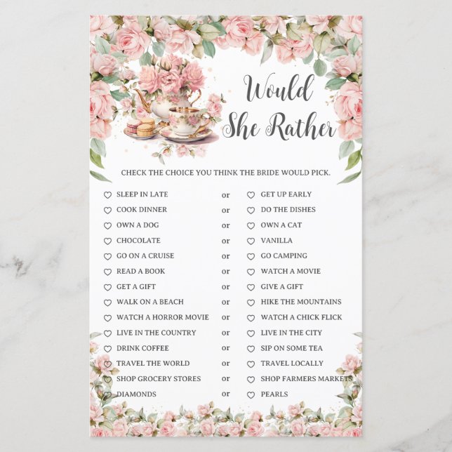 Papier Pink Floral Tea Party Bridal Would She Rather Game (Devant)