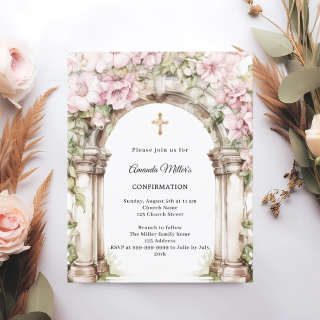 Papier Pink florals arch girl Confirmation invitation (Créateur téléchargé)