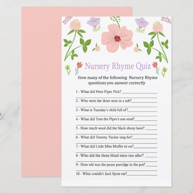 Papier Pink Flowers Nursery Rhyme jeu de baby shower (Devant / Derrière)