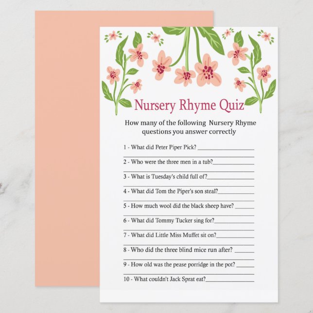Papier Pink Flowers Nursery Rhyme jeu de baby shower (Devant / Derrière)