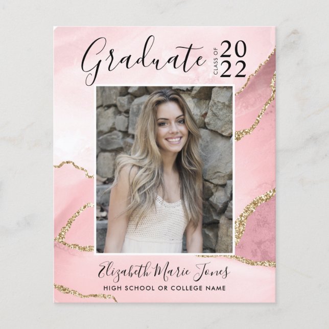 Papier Pink Gold Agate Photo Graduation Faire-part (Devant)