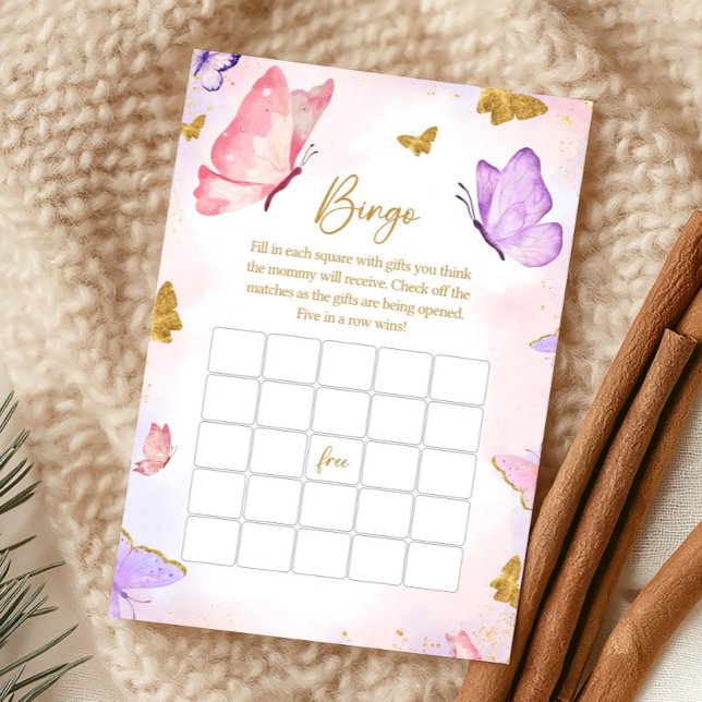Papier Pink Gold Purple Butterfly Baby Shower Bingo Game (Butterfly Baby Shower Game)