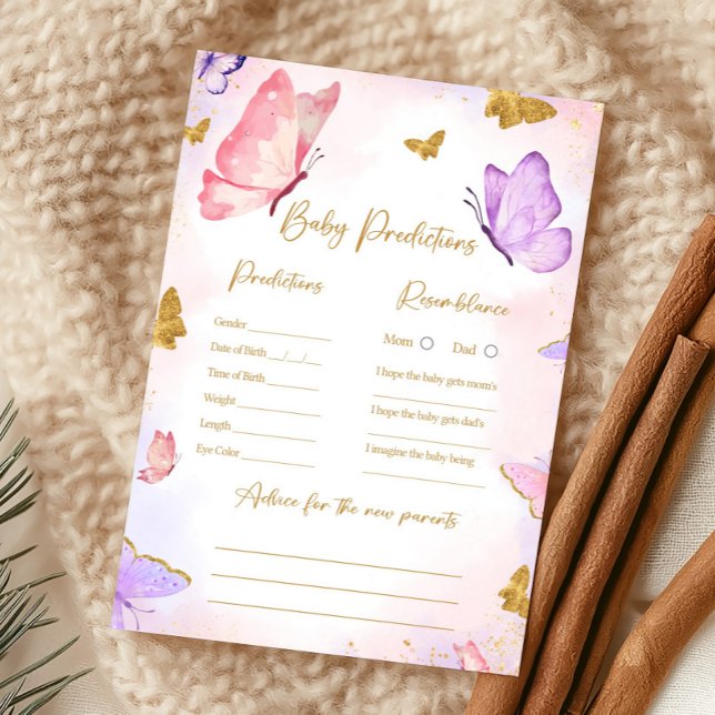 Papier Pink Gold Purple Butterfly Shower Predictions Game (Butterfly Baby Shower Game)