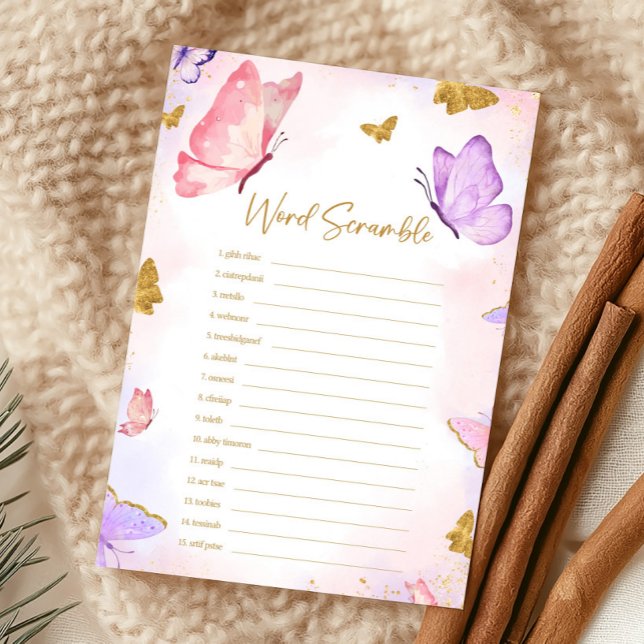 Papier Pink Gold Purple Butterfly Shower Scramble Game (Butterfly Baby Shower Game)