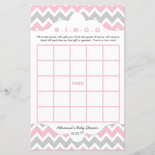 Papier Pink Grey Bingo sac fille baby shower jeux (Devant)