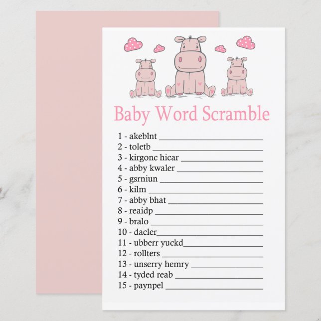 Papier Pink Hippo Baby jeu de mots scramble (Devant / Derrière)