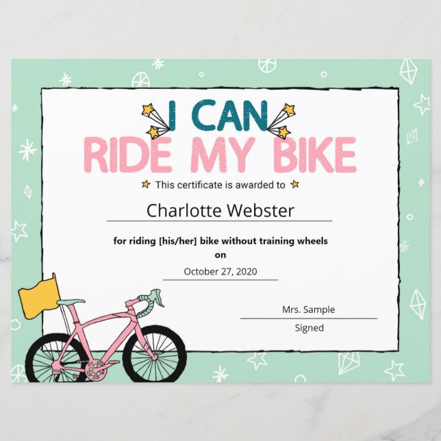 Papier Pink Je peux courir mon certificat de jalon de vél (Devant)