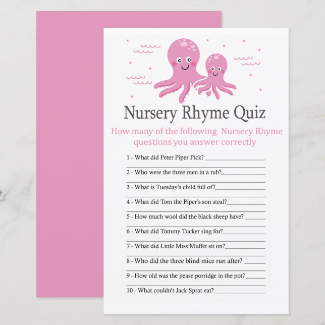 Papier Pink Octopus Nursery Rhyme Quiz jeu de baby shower (Devant / Derrière)