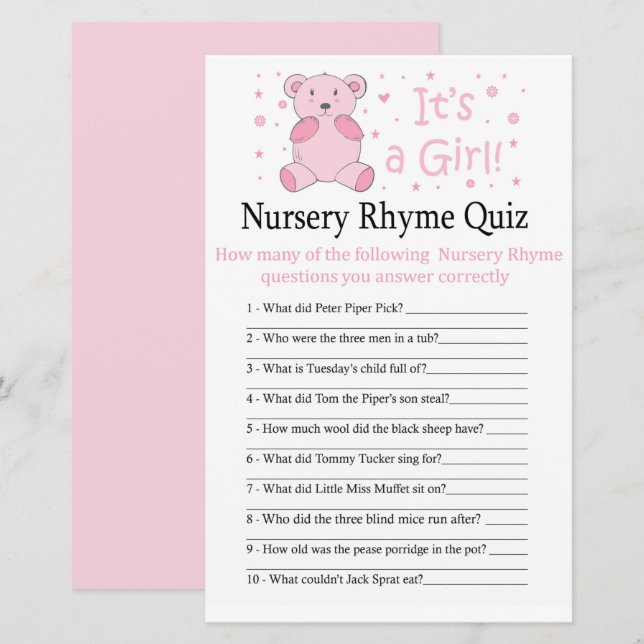 Papier Pink ours Nursery Rhyme Quiz jeu de baby shower (Devant / Derrière)