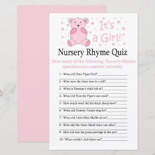 Papier Pink ours Nursery Rhyme Quiz jeu de baby shower