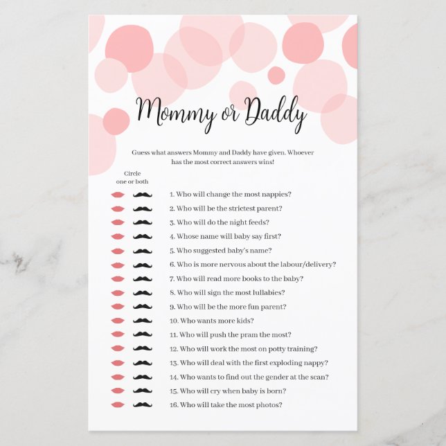 Papier Pink Polka fille Baby shower maman ou papa jeu (Devant)