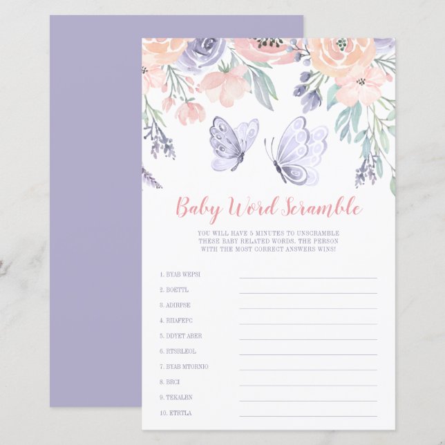 Papier Pink Purple Floral Butterfly Word Scramble Jeu (Devant / Derrière)