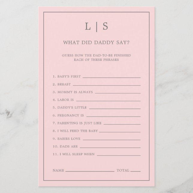 Papier Pink Qu'Est-Ce Que Papa A Dit Baby shower Game (Devant)