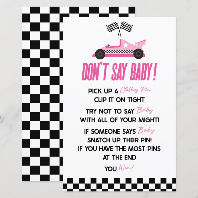 Papier Pink Race Car ne pas dire Baby shower jeu (Devant / Derrière)