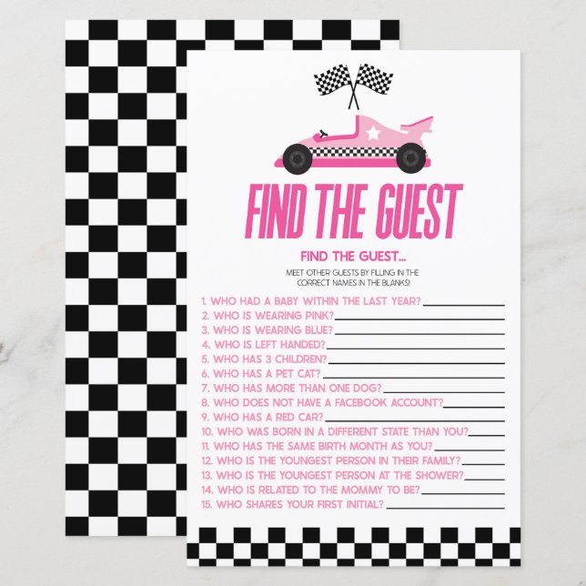 Papier Pink Race Car Trouvez Le Jeu Du Baby shower Invité (Devant / Derrière)