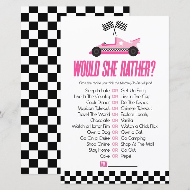 Papier Pink Race Car Voudrait-Elle Plutôt Baby shower Jeu (Devant / Derrière)