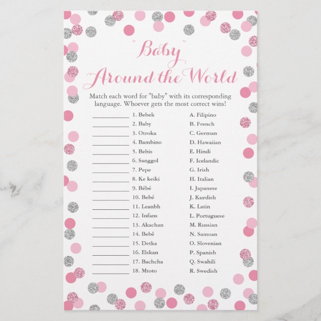 Papier Pink Silver Baby autour du monde jeu de traduction (Devant)