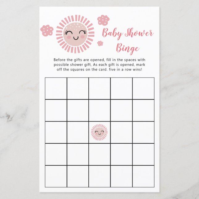 Papier Pink Sunshine Baby Girl Douche Bingo Jeu (Devant)