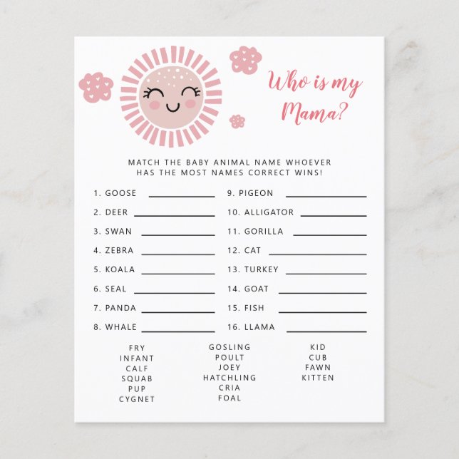 Papier Pink Sunshine Qui Est Mon Baby shower Mama Jeu (Devant)