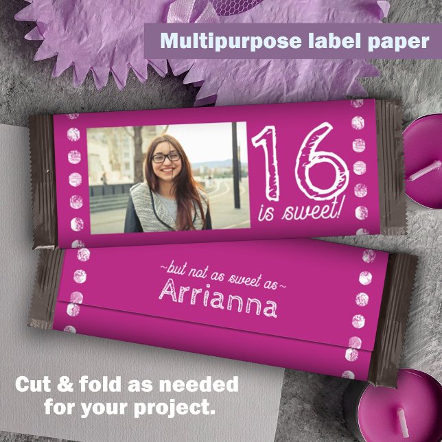 Papier Pink Sweet 16 Anniversaire Candy Bar Wrapper (hot pink sweet 16 sixteen candy bar wrapper, party chocolate bar wrapper personalized customized)
