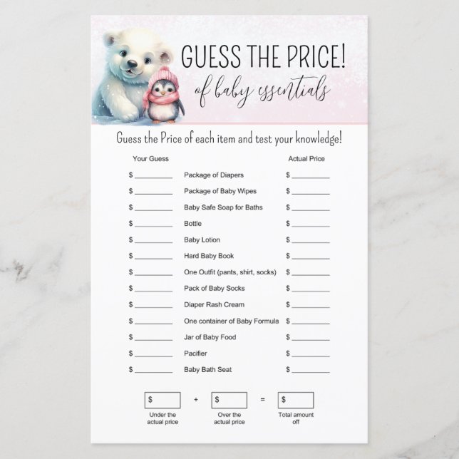 Papier Pink Winter Girl Baby shower Guesser Jeu (Devant)