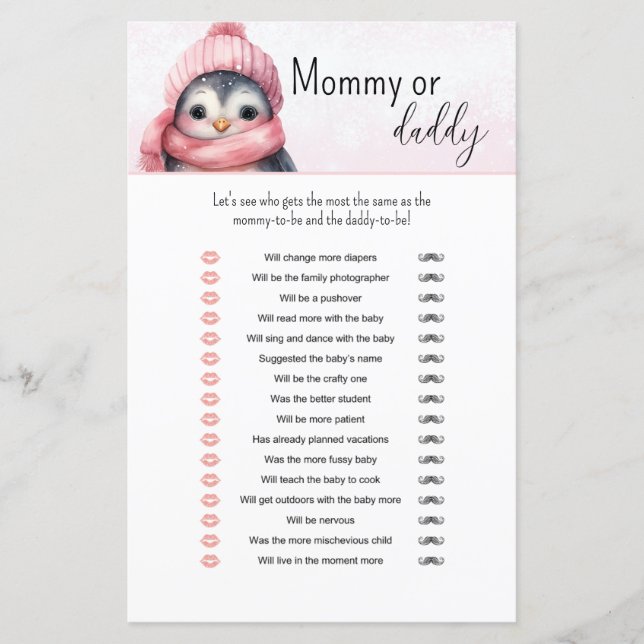 Papier Pink Winter Girl Baby shower maman ou papa jeu (Devant)
