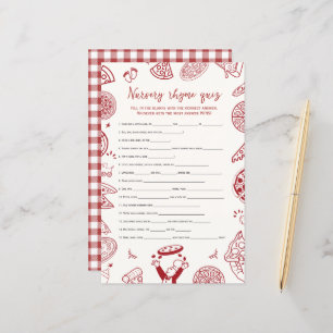 Papier Pizza thème pépinière rime quiz jeu de baby shower