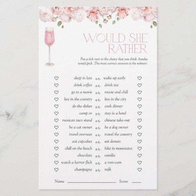 Papier Plairait-Elle À Pink Floral Fête des mariées Jeu (Devant)